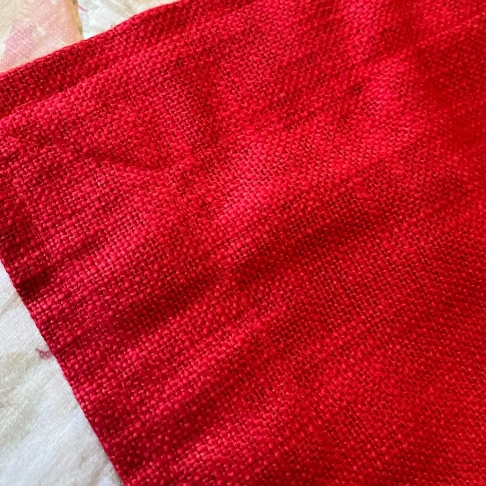 Vintage handmade holiday table runner 52” long holly and burlap